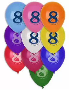 8 Flerfärgade ballonger med siffran 8 30 cm