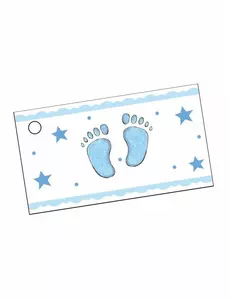 10 pappersetiketter blå fötter 9 x 2,5 cm