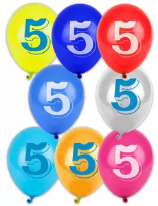 8 flerfärgade ballonger med siffran 5, 30 cm