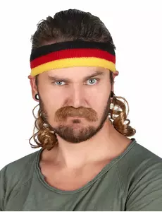 Svart, röd och gul hockeyfrilla med mustasch