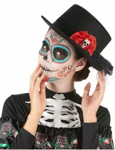 Svart hög hatt med dödskalle och röd blomma Dia de los muertos vuxen