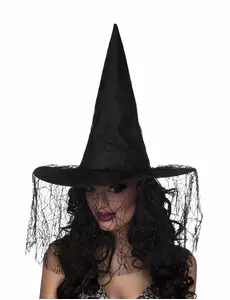 Svart häxhatt med spindelnäts-slöja för Halloween (dam)