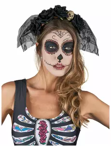 Svart diadem med spets och slöja Dia De Los Muertos