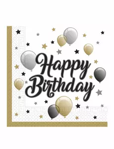 20 svarta, silver- och guldfärgade pappersservetter happy birthday 33 x 33 cm
