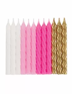 24 spiralformade födelsedagsljus rosa, vita och guldfärgade 7 cm