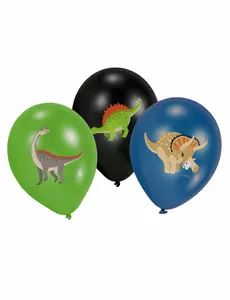 6 latexballonger med stora dinosaurier i svart, grönt och blått 27,5 cm