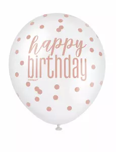 6 latexballonger happy birthday med vita och rosa prickar 30 cm