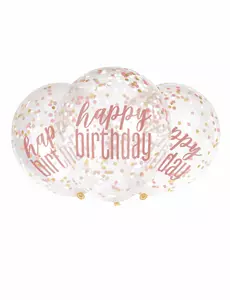 6 transparenta latexballonger med rosa konfetti och happy birthday 30 cm