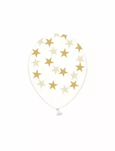 6 transparenta latexballonger med gyllene stjärnor 30 cm