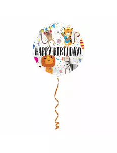 Aluminiumballong med djurmotiv och texten Happy Birthday 45 cm