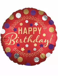 Happy Birthday-satinballong i röd aluminium 45 cm