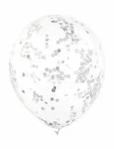6 transparenta latexballonger med silverfärgade konfettier 30 cm