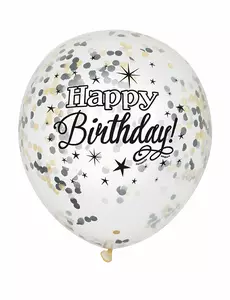 6 latexballonger med Happy Birthday-konfetti i silver och guld 30 cm