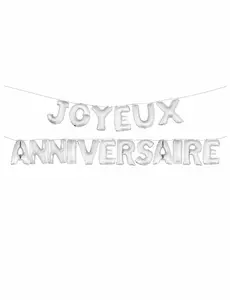 Aluminiumfolieballonger med bokstäverna Joyeux Anniversaire silver 36 cm