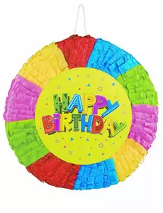 Rund flerfärgad Happy Birthday-piñata 40 cm