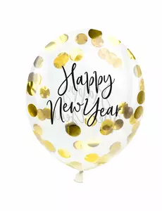 3 guldfärgade latexballonger med konfetti Happy New Year 27 cm