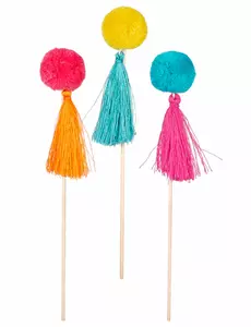 6 träpinnar med färgglada pomponger 16 cm