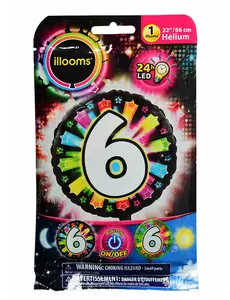 Färgglad LED-aluminiumfolieballong siffra 6 Illooms® 50 cm