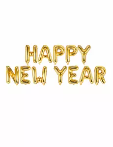 Happy New Year-ballong med gyllene bokstäver i aluminium 370 x 35 cm