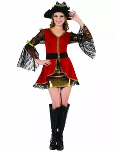 Röd och guldfärgad piratmaskeraddräkt dam, Storlek: Small