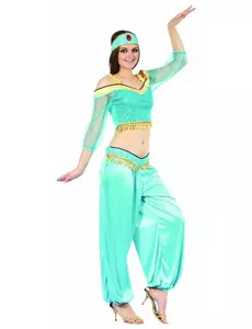 Blå och guldfärgad orientalisk dansös-maskeraddräkt för dam, Storlek: Small