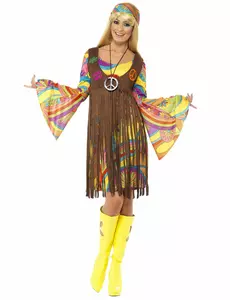 Hippiemaskeraddräkt med blommor från 70-talet dam, Storlek: Small