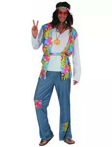 Hippiemaskeraddräkt med jeanseffekt herr, Storlek: Medium