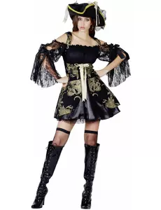 Svart och guldfärgad piratmaskeraddräkt dam, Storlek: Small