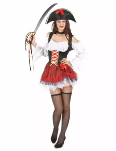 Sexig vit och röd piratdräkt dam, Storlek: Small/Medium