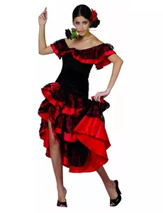 Röd och svart flamencodansösemaskeraddräkt dam, Storlek: Small