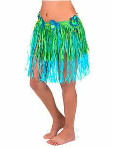 Kort grön och blå hawaiikjol med blommor vuxen