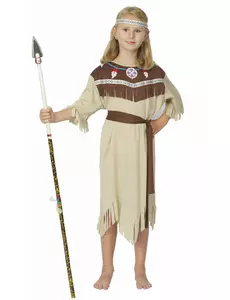Beige indianmaskeraddräkt med fransar flicka, Storlek: 4-6 år (110-120 cm)