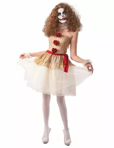 Skräckinjagande beige clownmaskeraddräkt dam, Storlek: Large