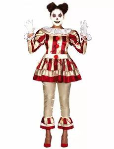 Skrämmande röd och vit clownmaskeraddräkt dam, Storlek: Small (36-38)
