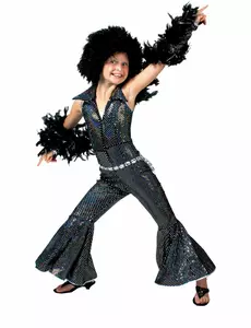 Glänsande svart discodräkt flicka, Storlek: 8-10 år (128 cm)