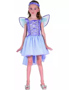 Lila älvmaskeraddräkt med blå slöja barn, Storlek: 4-6 år (110-120 cm)