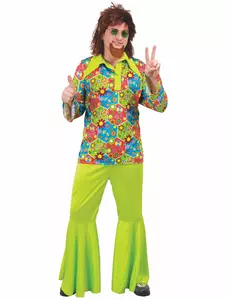 Grön hippiemaskeraddräkt med färgglada symboler herr, Storlek: Medium (48-50)