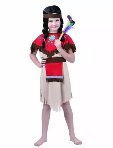 Röd och beige indianmaskeraddräkt flicka, Storlek: 4-6 år (110-120 cm)