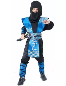 Blå och guldfärgad ninjamaskeraddräkt pojke, Storlek: 4-6 år (110-120 cm)