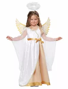 Lyxig vit och guldfärgad liten ängel-maskeraddräkt för flickor, Storlek: 4-6 år (116 cm)