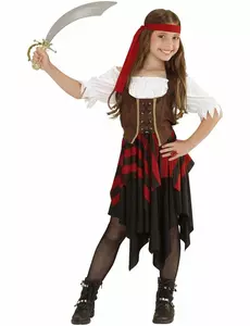Brun och svart piratmaskeraddräkt med korsett flicka, Storlek: 5-7 år (128 cm)