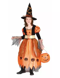 Orange häxmaskeraddräkt flicka Halloween, Storlek: 7-9 år (120-130 cm)