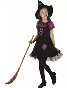 Lila häxmaskeraddräkt med hatt flicka, Storlek: 4-6 år (110-120 cm)