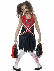 Zombie-pompomflicka-maskeraddräkt i svart och rött flicka, Storlek: 10-12 år (145/158 cm)