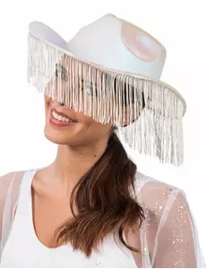 Vit iriserande cowboyhatt med fransar vuxen