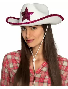 Vit cowgirlhatt med rosa paljettstjärnor