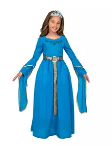 Blå medeltida prinsessmaskeraddräkt med diadem flicka, Storlek: 6 år (110-122 cm)