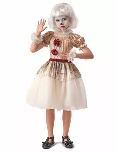 Beige skräckclown-maskeraddräkt flicka, Storlek: 10-12 år (130-140 cm)