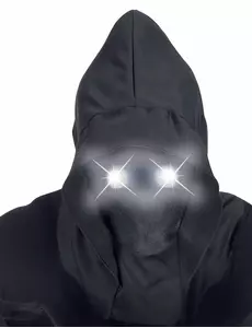 Helmask med huva, osynligt ansikte och lysande vita ögon vuxen