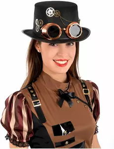 Steampunk-cylinderhatt i filt med glasögon, vuxen